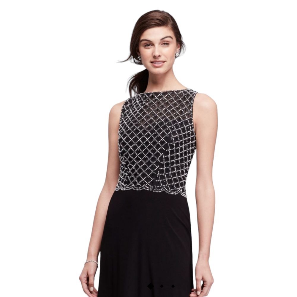 Cachet Caviar Beaded Bodice Dress, Size 6, Black & Silver Metallic
